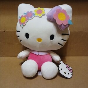 Sanrio Hello Kitty Plush 10" Pink  Purple Flowers Bow Stuffed Animal